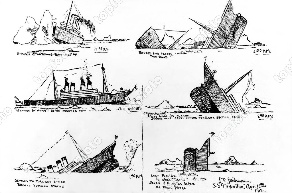Titanic. Drawings made by a survivor, on an overturned collapsible boat, as  the 'Titanic' was sinking. 1912 - TopFoto