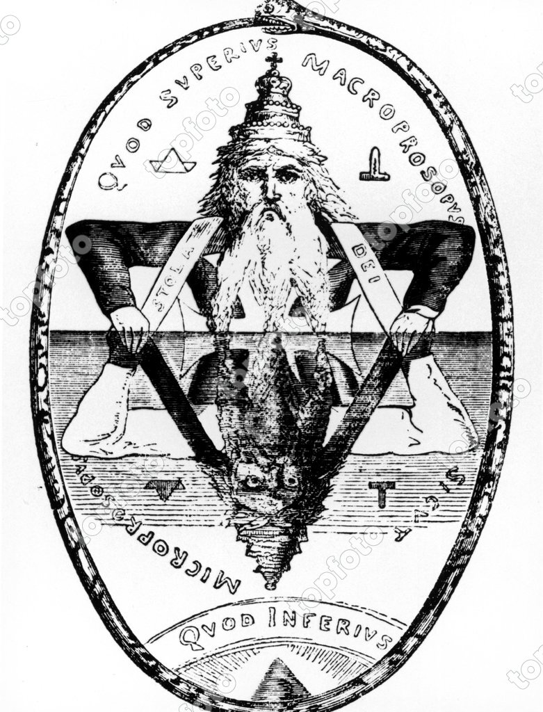 The magical symbol of Solomon - the double interacting triangle, with the  Macroprosopus and the Microprosopus, surrounded