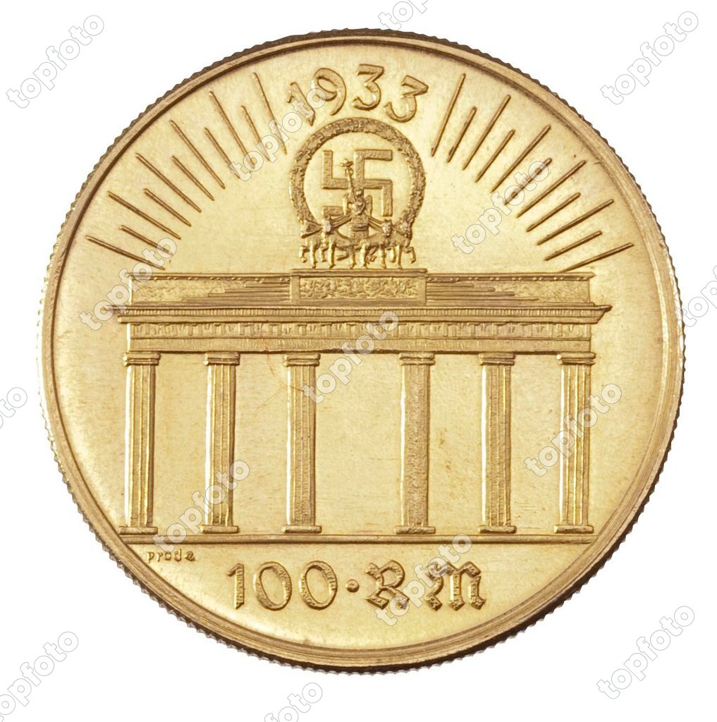 A 100 Reichsmark gold coin of 1933 Obverse portrait of Adolf Hitler ...