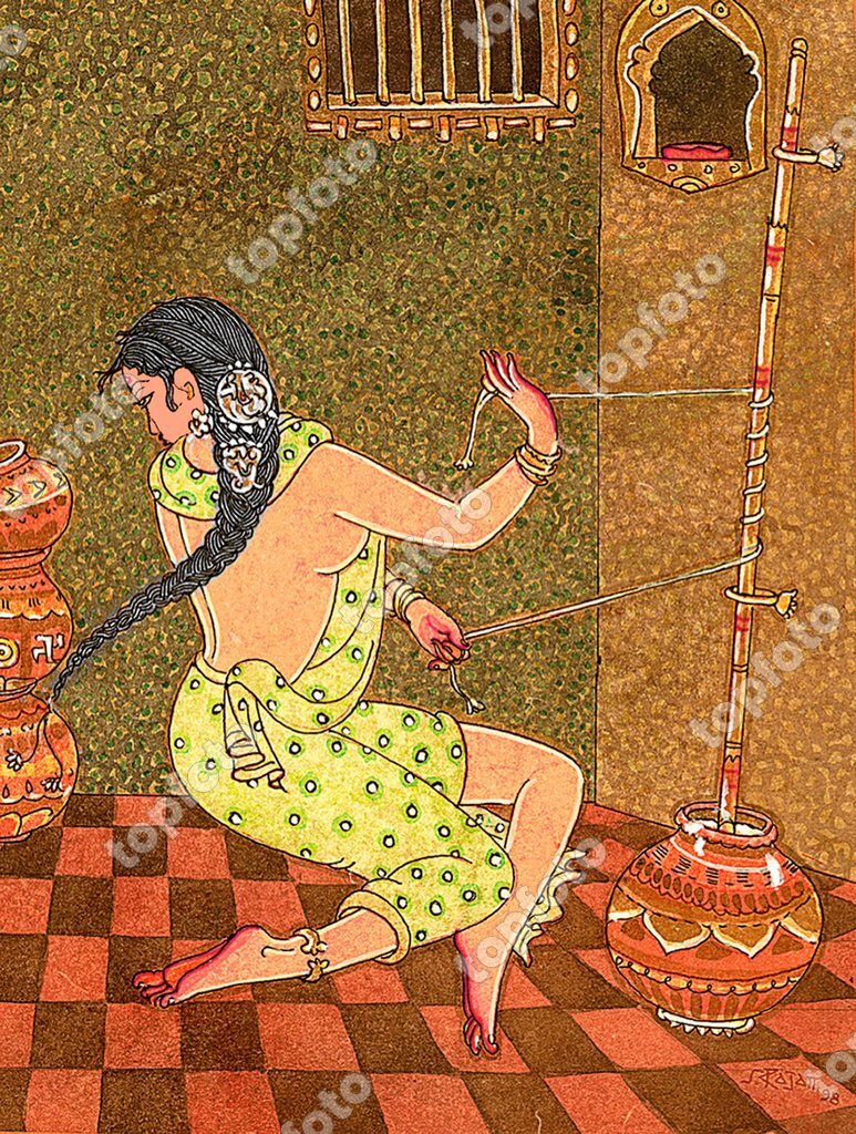 India: Artist S. Rajam - Woman - Hindu belief - Hindu - Hinduism - art -  Himalayan Academy art - garlands - housewife - Indian