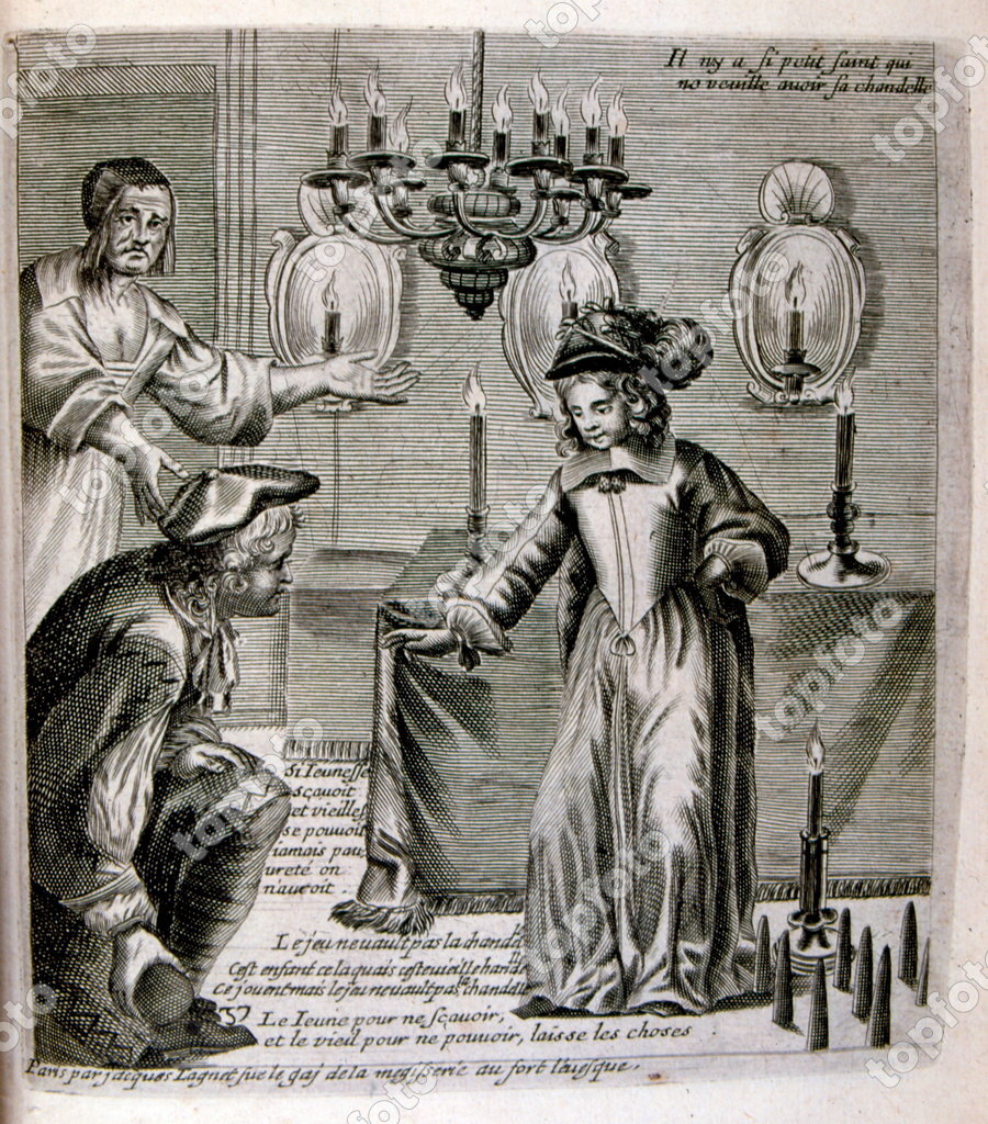 17th century engraved illustration from a collection of proverbs. Paris