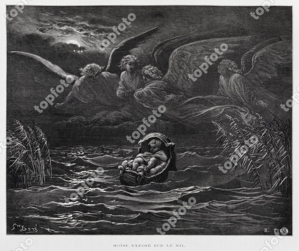 Moses cast adrift in a basket on the Nile, Illustration from the Dore ...