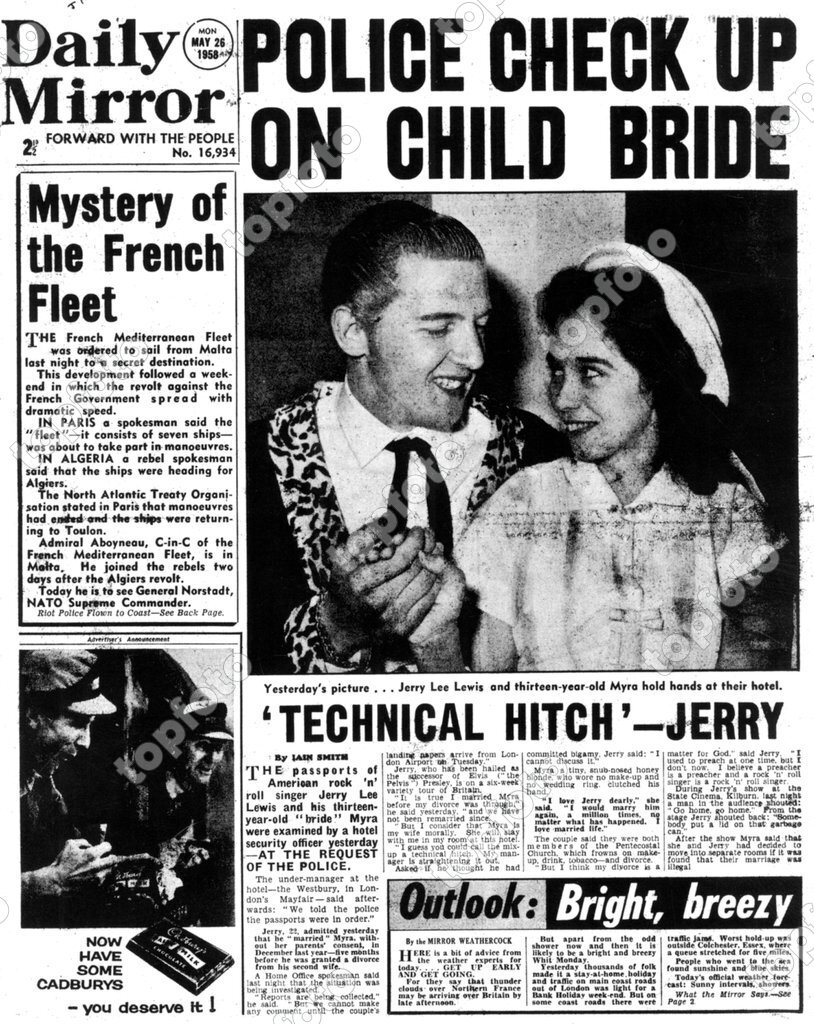 Daily Mirror front page - 26th May 1958 Jerry Lee Lewis is questioned about  the legitimacy of