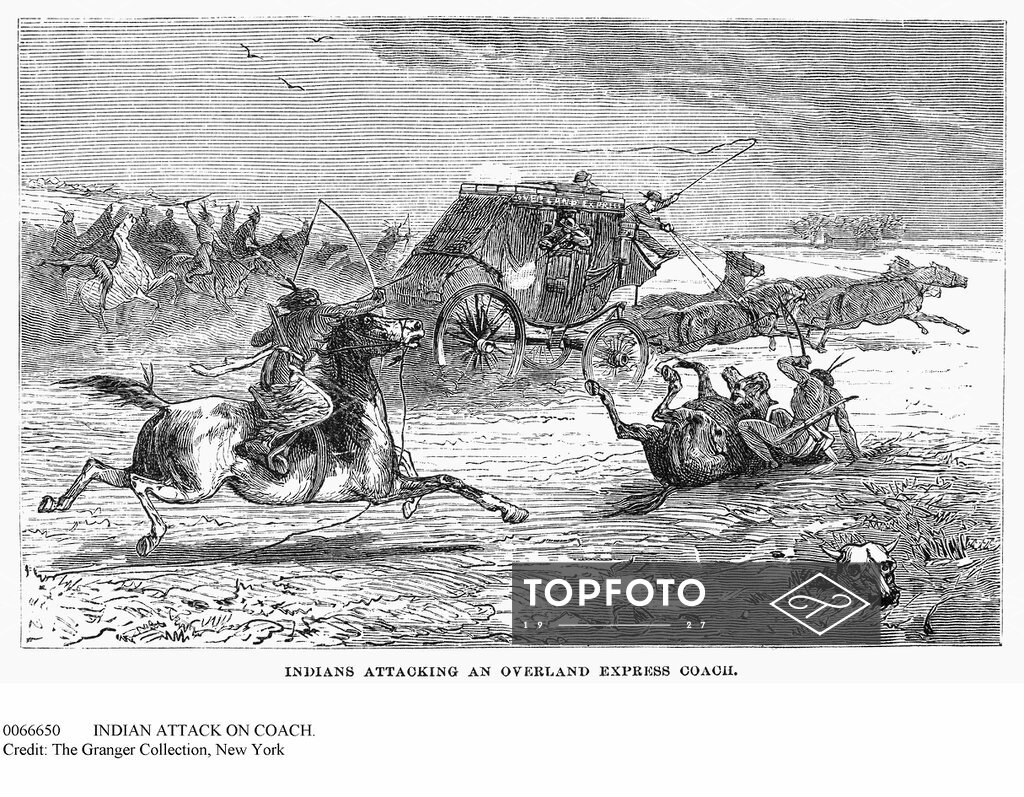 INDIAN ATTACK ON COACH. Indians attacking an Overland Express coach in ...