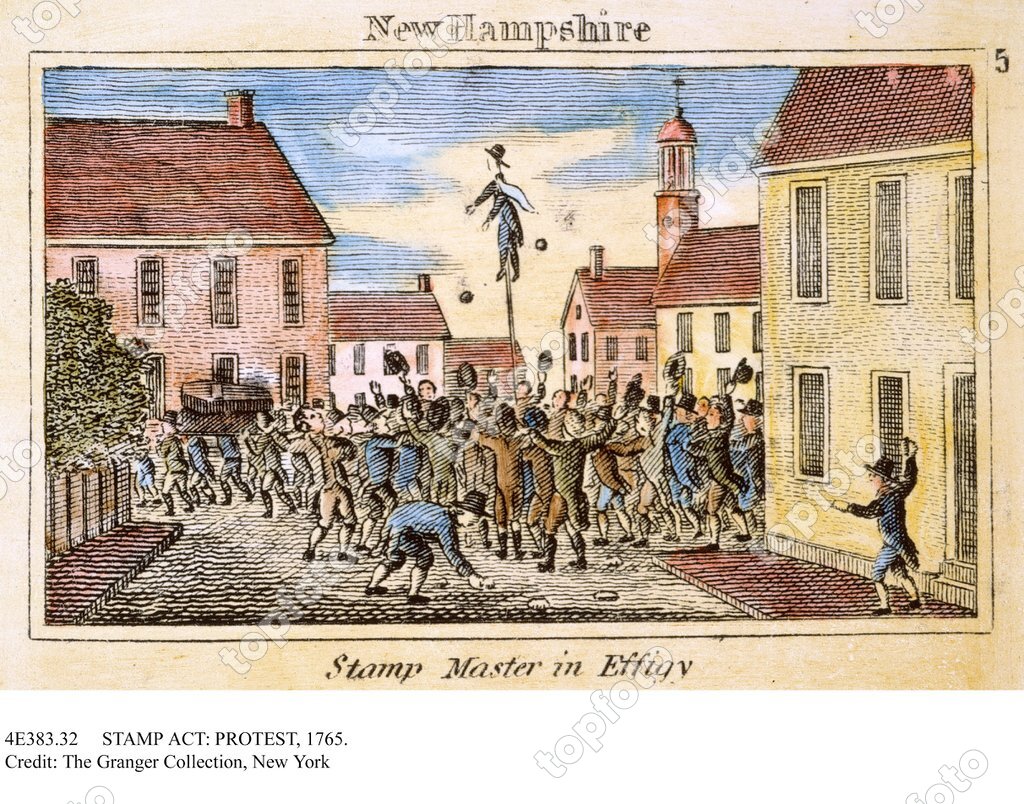 STAMP ACT PROTEST 1765. A New Hampshire stamp agent hanged in