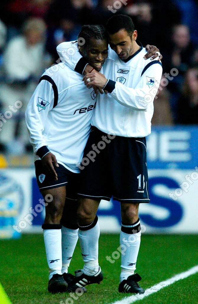 Bolton Wanderers Jay Jay Okocha Left Celebrates Scoring His Team S Opening Goal Against West Ham United With Team Mate Youri Djorkaeff During The Barclaycard Premiership Match At The Reebok Stadium Bolton This Picture Can