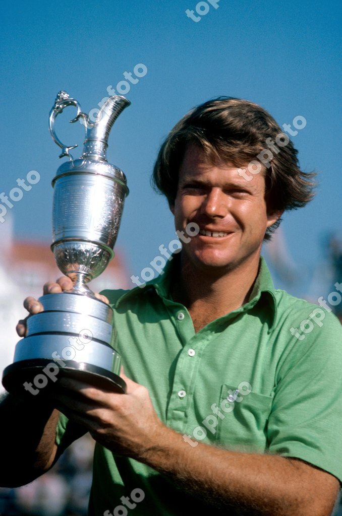 7 July 1977 Tom Watson celebrates with the trophy after winning the ...