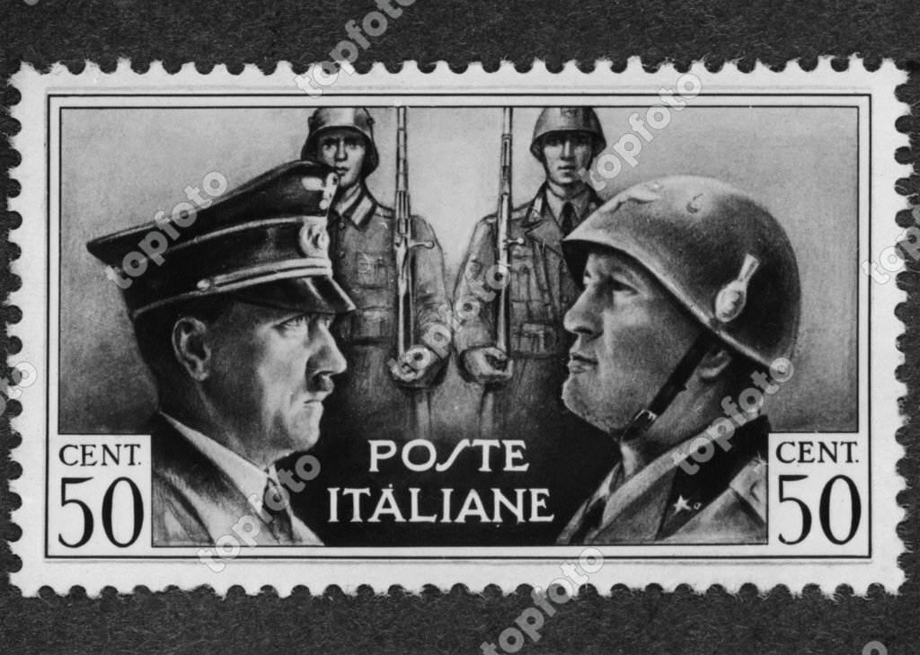 Portraits of Adolf Hitler and Benito Mussolini on a stamp of the