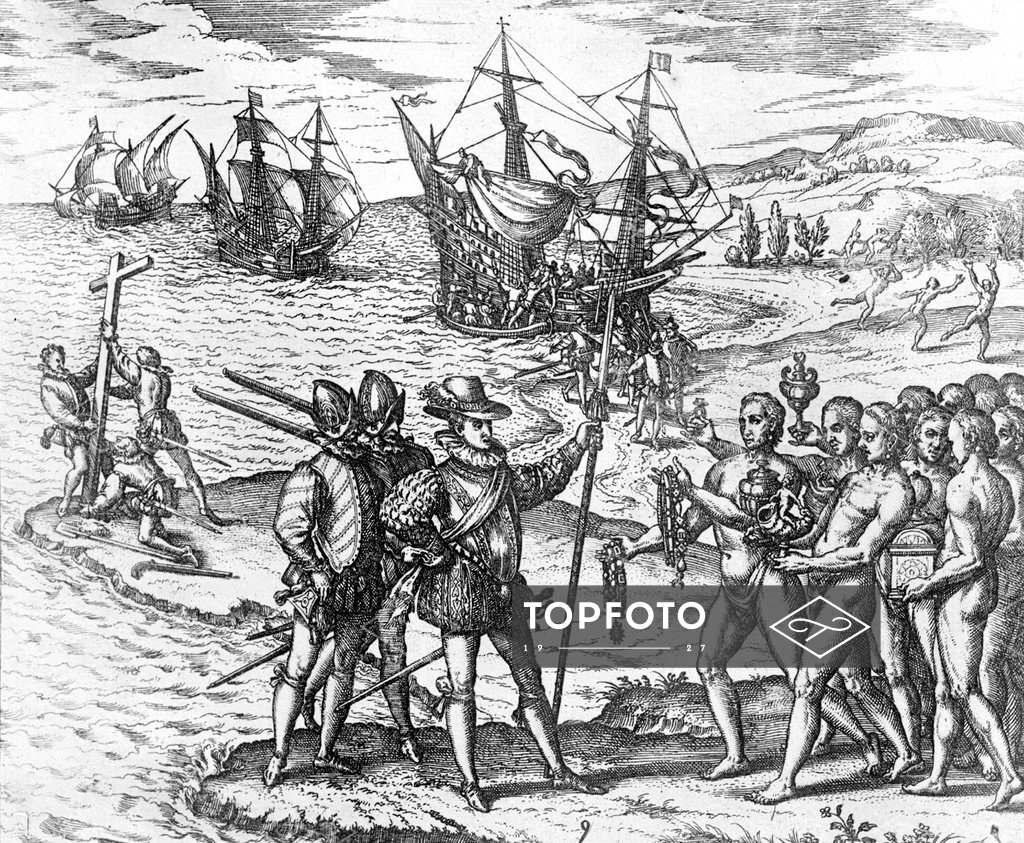 Christopher Columbus landing in America is received by the natives and ...