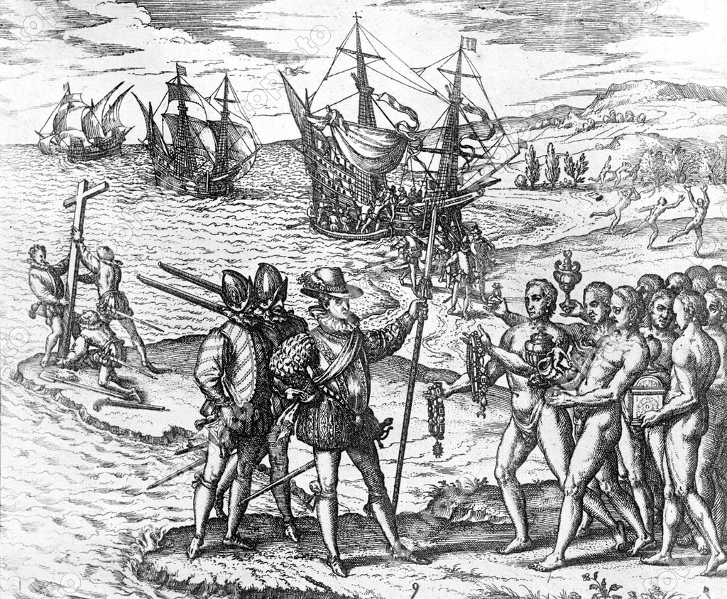 Christopher Columbus landing in America is received by the natives and ...